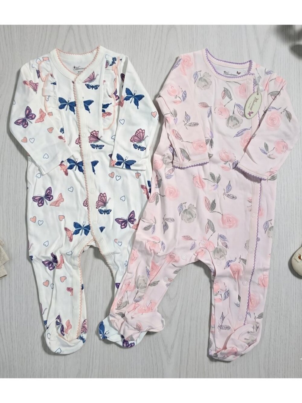 NWT | Minicoco 2-Pair Floral & Butterfly Footed Sleepers | Purple & Pink | 6/9M